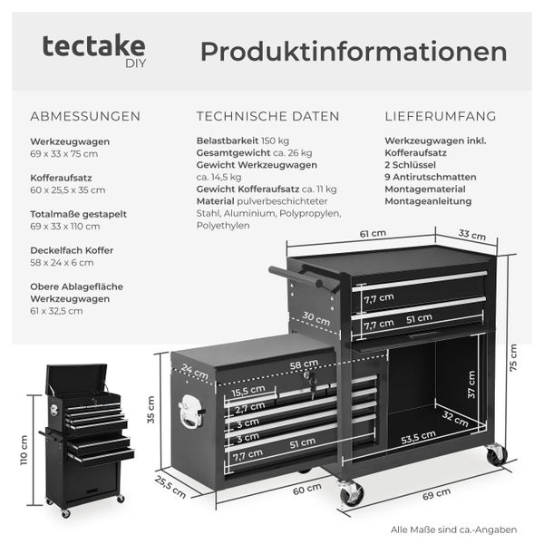 Produktinformationen zum Werkzeugwagen von tectake mit Abmessungen und technischen Daten