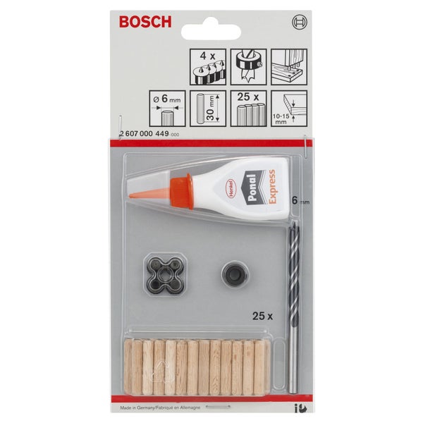 Bosch Holzdübel-Set, 6 Millimeter, 25 Stück, inklusive Holzbohrer, Tiefenstopp, 4 Dübelsetzern und Holzleim.