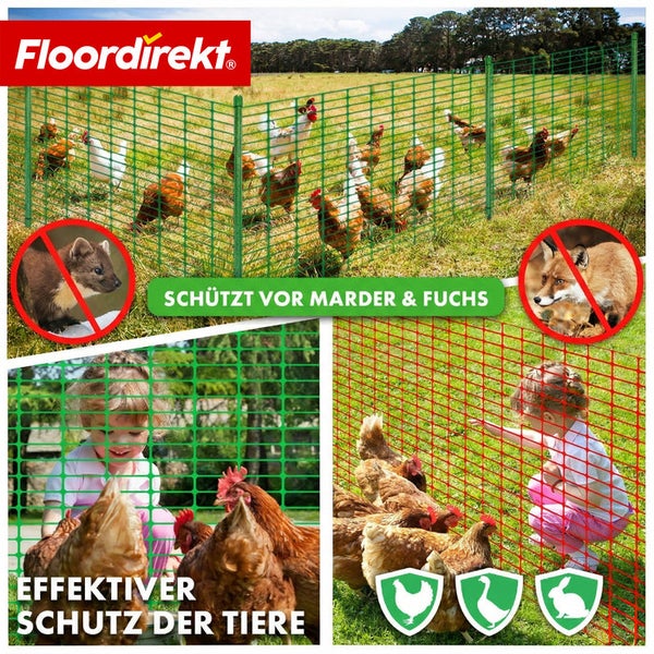 Maschenzaun und Geflügelnetz zum Schutz von Tieren vor Mardern und Füchsen auf einer Wiese mit Hühnern, Floordirekt Logo.