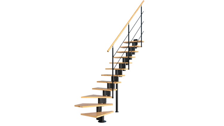 HandyStairs zentrale Baumtreppe New York mit Vierteldrehung – 80 cm breit – 13 Buchenstufen (40 mm) für Höhe 345 cm – schwarzes Metall