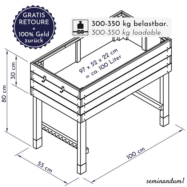 WONDERMAKE - Großes Hochbeet aus Kirschbaum Holz für Garten Balkon Terrasse, Pflanzkasten Bausatz XL hochwertig rechteckig mit Innen-Folie, Kräuterbeet Pflanzenkasten deko, dunkel-braun schwarz