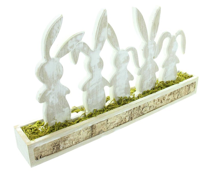 FRANK FLECHTWAREN | Holzdeko Häschenbande, HOLZ, NATURMOOS, BIRKE, 47 x 7 x 25 cm