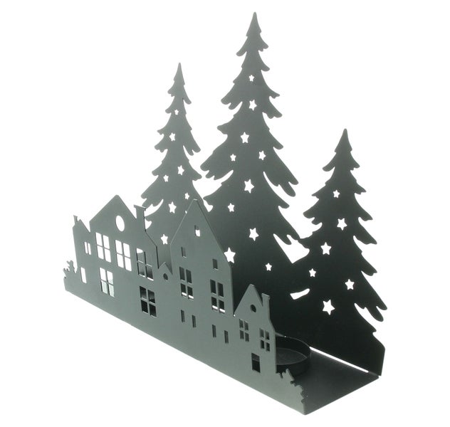 Teelichthalter mit Häusern und Tannenbaum-Motiv