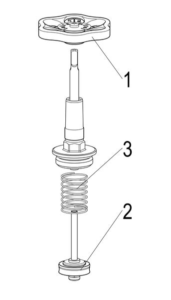 Explosionszeichnung einer Ventilbaugruppe mit Handrad, Feder und Ventilspindel mit Dichtung.