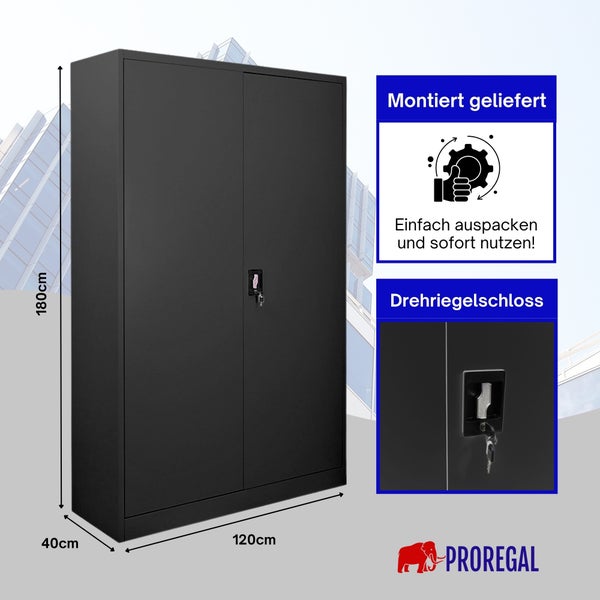 Abschließbarer Metallschrank für Büro oder Werkstatt mit den Maßen 180 mal 120 mal 40 Zentimeter, montiert geliefert. Proregal Logo.