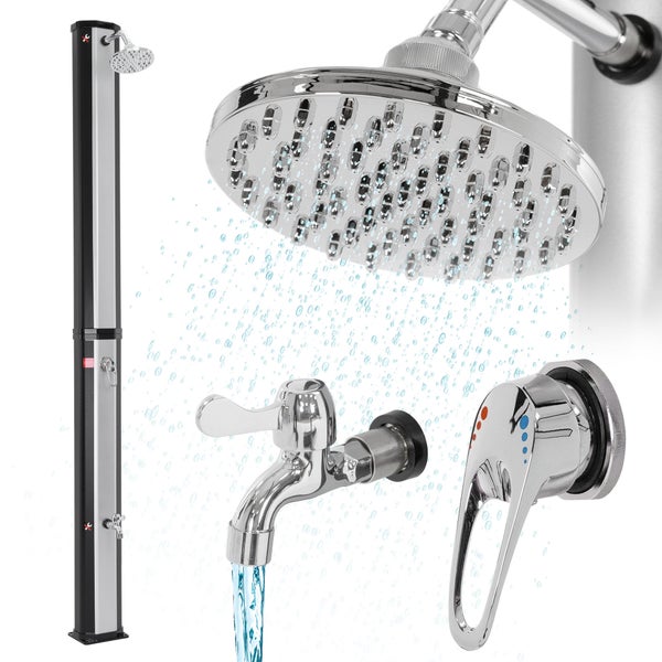 ML-Design Solardusche 35L 217cm eckig mit Fußdusche und Regenduschkopf, Silber-Schwarz, warmes Wasser bis 60°C ohne Strom, mit Gartenschlauch-Anschluss, Gartendusche Außendusche Pooldusche Regendusche