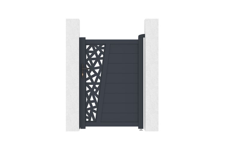Einflügeliges Gartentor aus Aluminium in Anthrazit mit modernem Ausschnittmuster und horizontalen Lamellen.