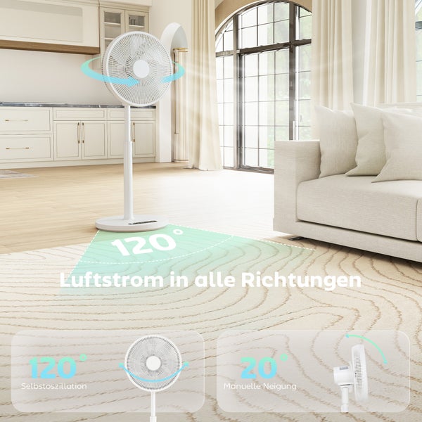 Weißer Standventilator in hellem Wohnzimmer mit 120 Grad Oszillation und 20 Grad Neigbarkeit für großflächige Luftverteilung.