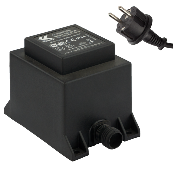 Kerry Electronics Wechselstrom-Transformator 12 Volt mit Netzstecker und IP44 Spritzwasserschutz.