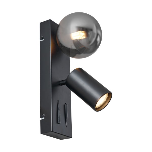 Wandleuchte schwarz aus Metall mit zwei Lichtquellen, einer Glaskugel und einem verstellbaren Spot inklusive Schaltern.