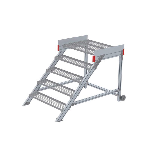 Industrielle Podesttreppe aus Aluminium mit Gitterroststufen, vier Stufen und Rollen für mobile Nutzung.