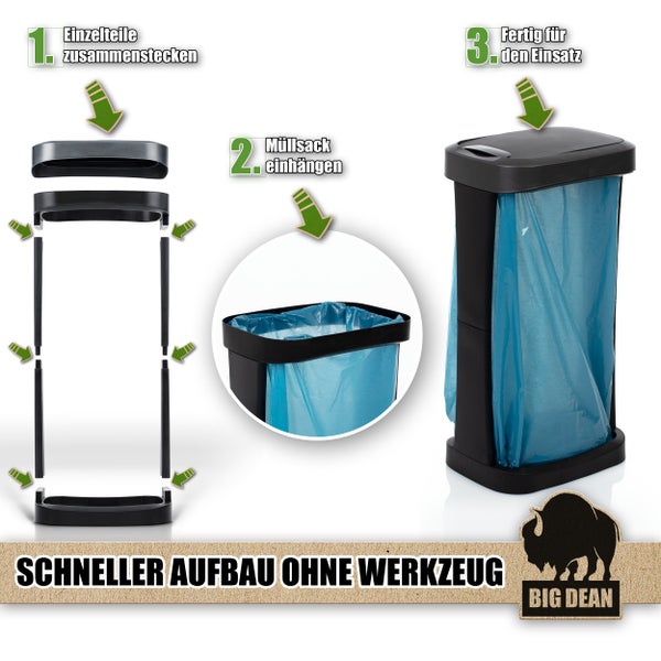 Montageanleitung für Big Dean Müllsackständer mit drei Schritten: Zusammenstecken, Müllsack einhängen und einsatzbereiter Müllsammler.