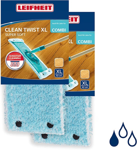 Leifheit 2er Set Wischbezug Clean Twist XL super soft 42 cm für sensible Böden, Ersatzbezug mit Spezialfasern, Wischer Ersatzbezug für minimale Wasseraufnahme, ideal für Parkett, Laminat und Kork