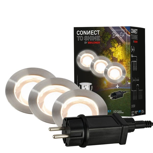 Connect to Shine by Briloner LED Außen-Bodeneinbauleuchten Basis-Set mit drei runden Edelstahl-Spots und Netzstecker.