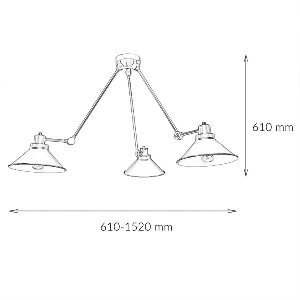 Technische Zeichnung einer Deckenleuchte mit drei Lampen und den Maßen 610 Millimeter bis 1520 Millimeter in der Breite und 610 Millimeter in der Höhe.