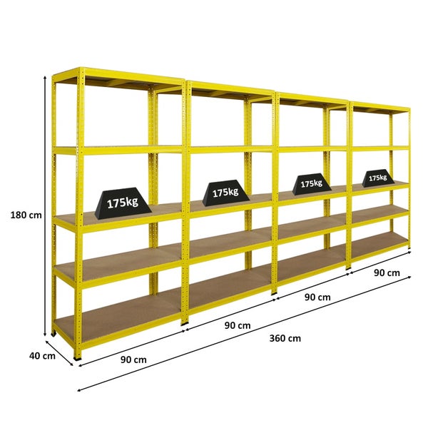 PROREGAL Mega Deal 4x Schwerlastregal YELLOW BEE, HxBxT 180x90x40cm, Fachlast 175kg, 5 Ebenen, Gelb, Kellerregal, Steckregal, Garagenregal, Lagerregal