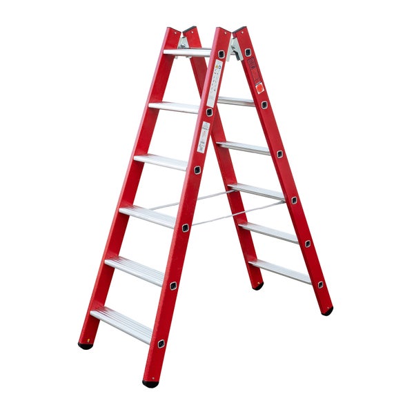 Beidseitig begehbare Stehleiter aus Aluminium mit sechs Stufen für sicheren Stand bei Arbeiten in der Höhe.