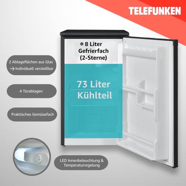 Telefunken Kühlschrank mit 2-Sterne Gefrierfach Freistehend 81 Liter Kühlschrank klein CF-32-152-B schwarz
