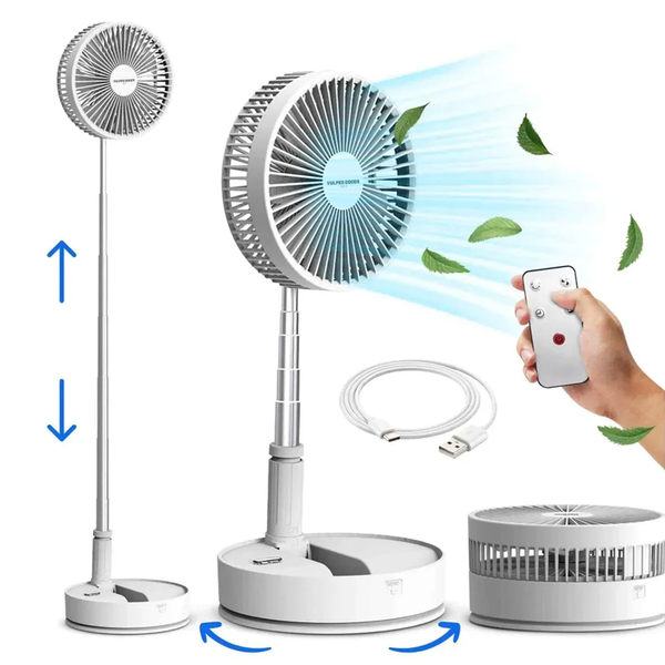 Höhenverstellbarer, klappbarer Standventilator mit Fernbedienung und USB Ladekabel für eine flexible Belüftung.