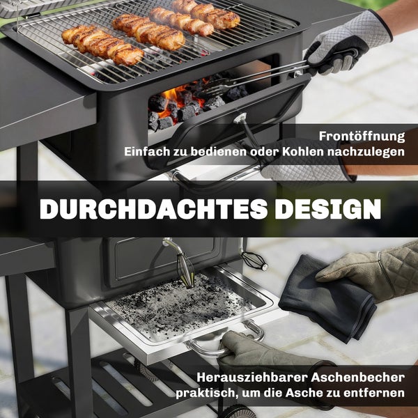 Holzkohlegrill mit Frontöffnung zum Nachlegen von Kohle und einer herausziehbaren Ascheschublade.