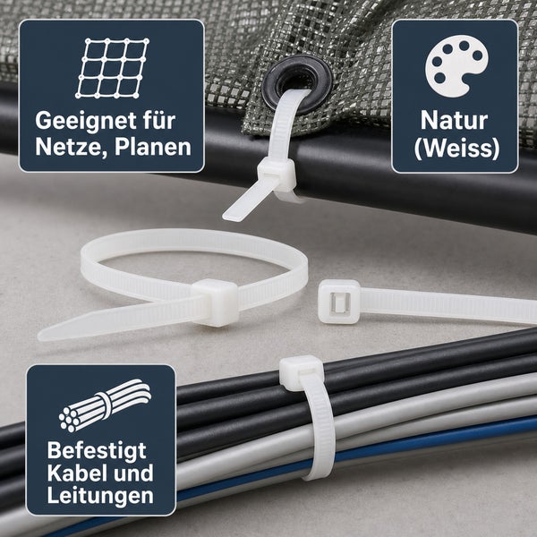 Weiße Kabelbinder zur Befestigung von Netzen, Planen sowie Kabeln und Leitungen, in Anwendung gezeigt.