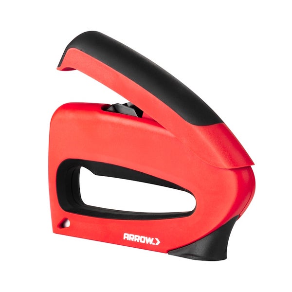 Handtacker von Arrow aus Kunststoff in Rot und Schwarz mit ergonomischem Griff.