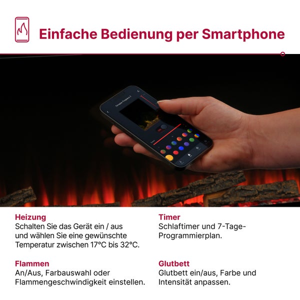 Steuerung eines elektrischen Kaminfeuers über eine Smartphone-App mit Funktionen für Heizung, Flammenfarbe, Timer und Glutbett-Intensität.