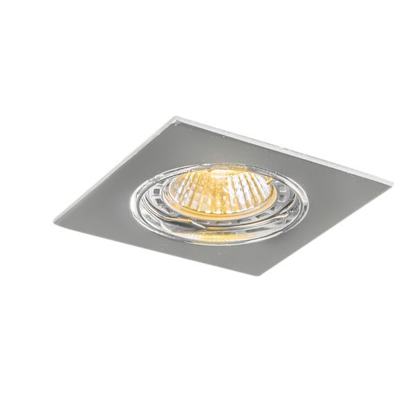 Quadratischer Einbaustrahler aus Metall mit rundem Leuchtmittel.