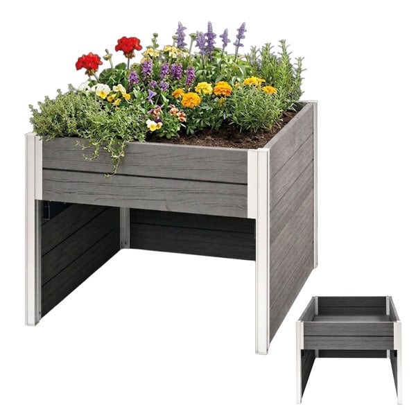 Hochbeet aus Kunststoff in Holzoptik mit Metallpfosten, bepflanzt mit Blumen und Kräutern, für Terrasse und Garten.