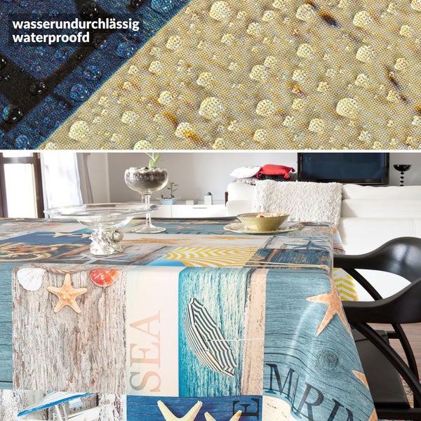Tischdekoration mit wasserundurchlässiger Tischdecke im maritimen Design