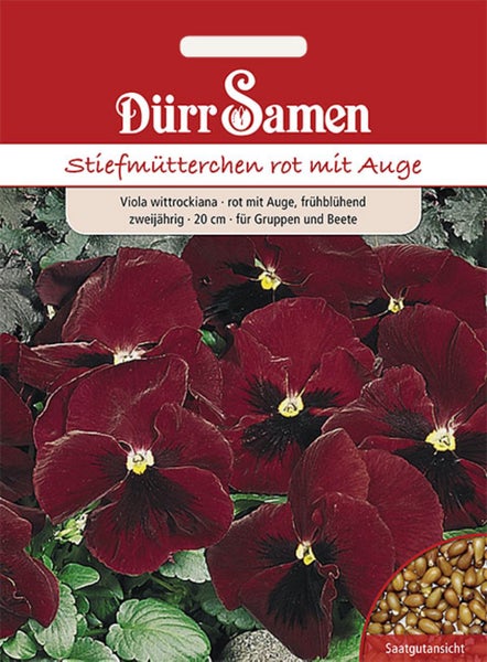 Dürr Samen Samentüte Stiefmütterchen rot mit Auge, Viola wittrockiana, frühblühend, zweijährig, 20 Zentimeter Wuchshöhe für Beete und Gruppen.