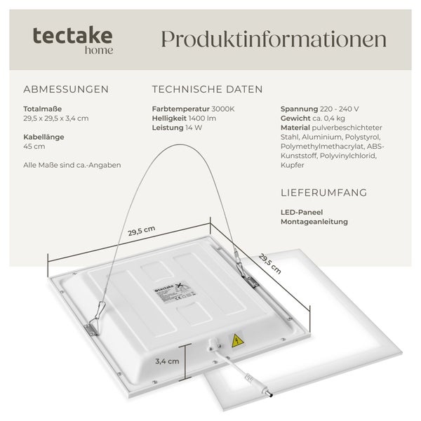 Technisches Datenblatt mit Abmessungen für quadratisches Tectake LED Paneel mit 14 Watt Leistung und 3000 Kelvin Farbtemperatur.