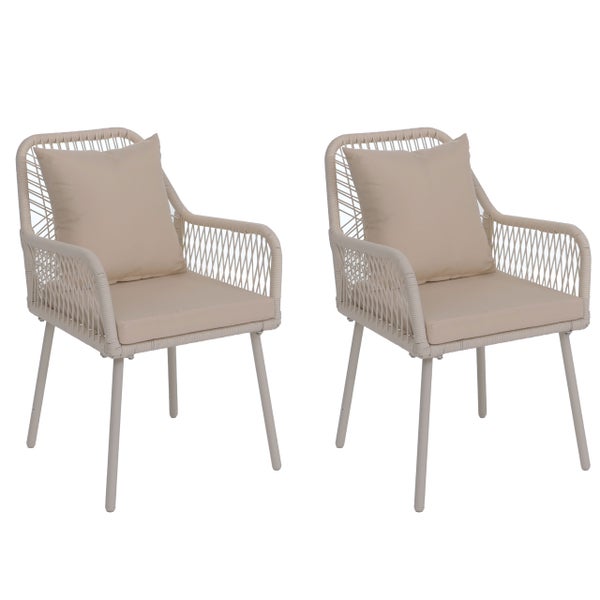 Set aus zwei Gartenstühlen mit Seilgeflecht, Sitz- und Rückenkissen sowie Metallbeinen.