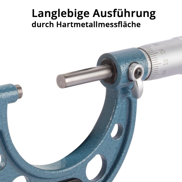 Bügelmessschraube mit langlebiger Hartmetallmessfläche für präzise Messungen.