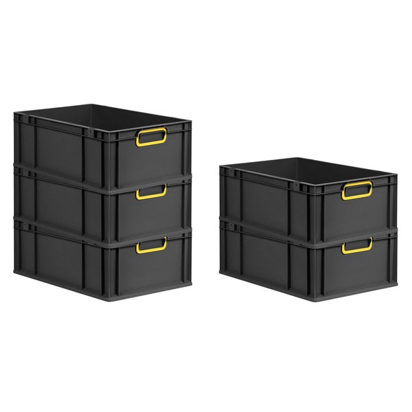 PROREGAL SparSet 5x Eurobox NextGen Color, HxBxT 22x40x60cm, 44 Liter, Griffe gelb geschlossen, Verstärkter Boden, Schwarz, Eurobehälter, Transportbox, Transportbehälter, Stapelbehälter