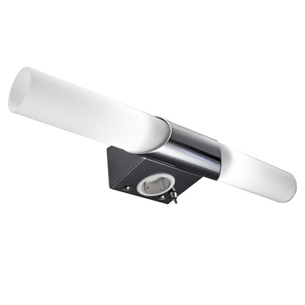 Wandleuchte für Badezimmer mit Steckdose und Schalter, Metall in Chrom-Optik mit zwei weißen Glasschirmen.
