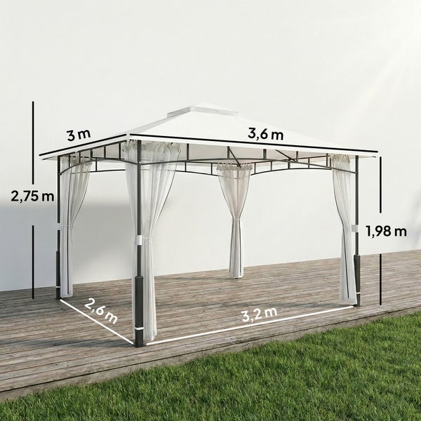 Gartenpavillon mit Vorhängen, Maße: Höhe 2,75 Meter, Durchgang 1,98 Meter, Dach 3,6 mal 3 Meter, Pfostenabstand 3,2 mal 2,6 Meter.