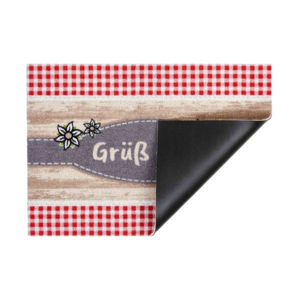 Fußmatte mit Karo-Muster und Gruß-Aufschrift