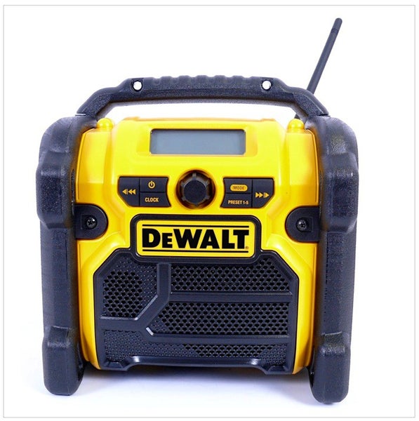 DeWALT Baustellenradio in Gelb und Schwarz mit Tragegriff, digitalem Display und Antenne.