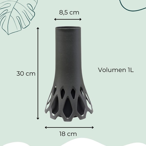 Dunkelgraue Blumenvase mit den Maßen 30 cm Höhe, 8,5 cm Durchmesser oben und 18 cm Durchmesser unten, Volumen 1 Liter