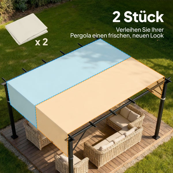 Zweiteiliges Set Ersatzbezüge für eine Pergola über einer Sitzgruppe auf einer Holzterrasse im Garten.