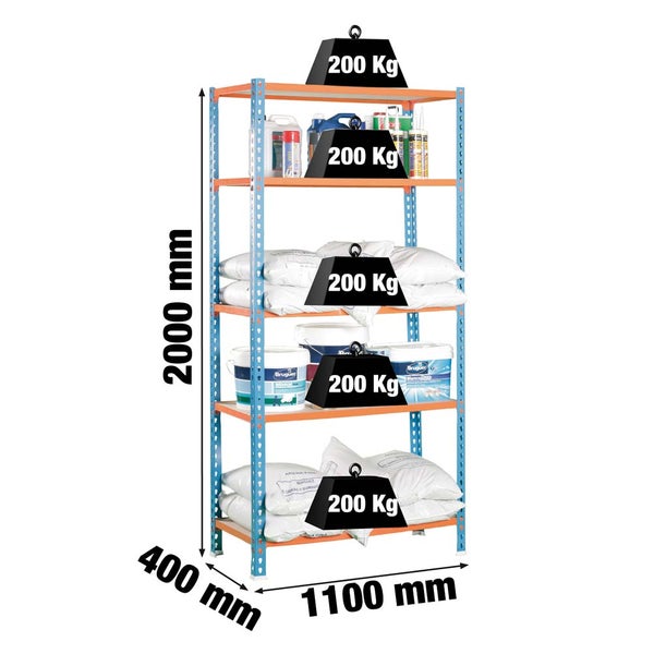 PROREGAL Schwerlastregal Big Muli HxBxT 200 x 110 x 40 cm 5 Fachböden Fachlast 200 kg Blau-Orange