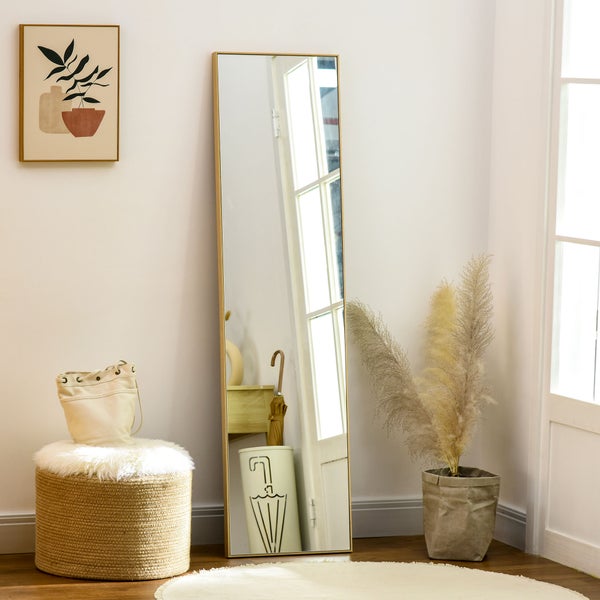 HOMCOM Standspiegel, Ganzkörperspiegel mit Holzmaserung, Ankleidespiegel, Schminkspiegel für Schlafzimmer, Wohnzimmer und Eingangsbereich, Silber+Hellbraun, 40 x 150 cm