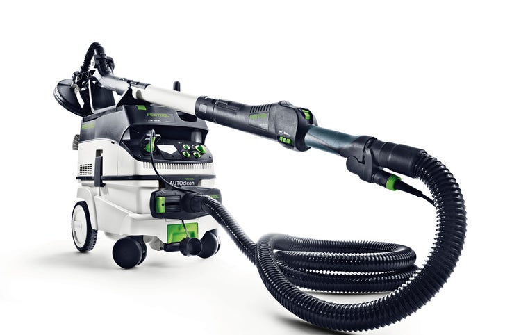 Festool Absaugmobil CTM 36 E AC mit Langhalsschleifer Planex und Saugschlauch auf Rollen.