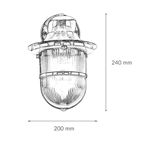 Skizze einer Wandleuchte mit den Maßen 200 mm Breite und 240 mm Höhe.