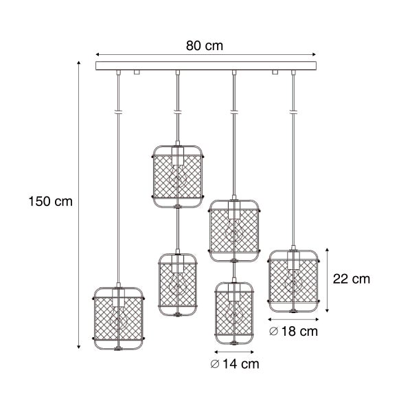 Technische Zeichnung einer Pendelleuchte mit fünf Lampen und Maßangaben