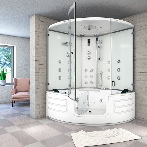 Moderne weiße Dampfduschkabine kombiniert mit Whirlpool-Badewanne, ausgestattet mit Glaswänden, Massagedüsen, Regenduschkopf und Einstiegstür.