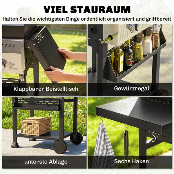 Detailaufnahmen eines Gasgrills mit klappbarem Beistelltisch, Gewürzregal, unterer Ablagefläche und sechs Haken für Grillzubehör.