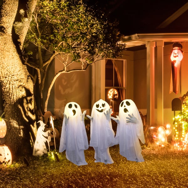 HOMCOM 60cm 3er-Set Halloween Dekoration Halloween-Geister-Hofpfählen mit LED-Lichter verstellbare Arme Halloween-Außendekoration für Rasen, Garten Stahl, Weiß