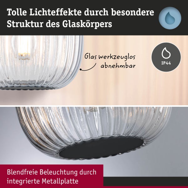 Infografik zur Leuchte mit strukturiertem Glas, werkzeugloser Glasabnahme, Spritzwasserschutz IP44 und Metallplatte für blendfreies Licht.